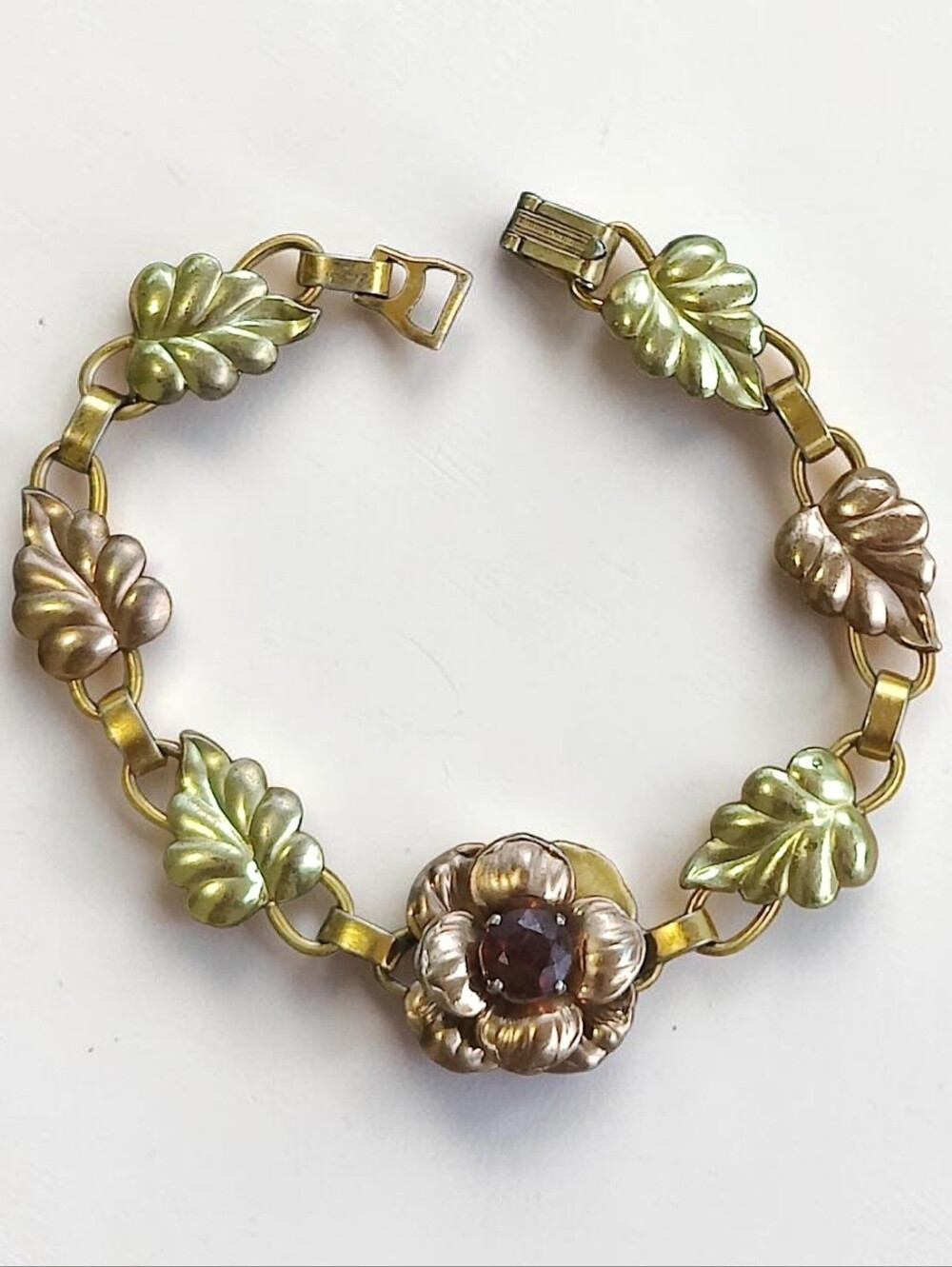 Vintage 12 K gf rose gold over sterling silver garnet flour bracelet